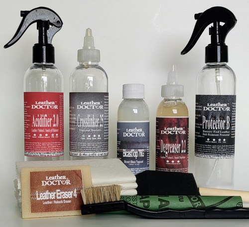 Bicast Leather Sticky Topcoat Refinishing Kit B7 by Leather Doctor is formulated to restore the common sticky issue associated with Bicast and simulated leather urethane finishes. Before use, mix with distilled water.