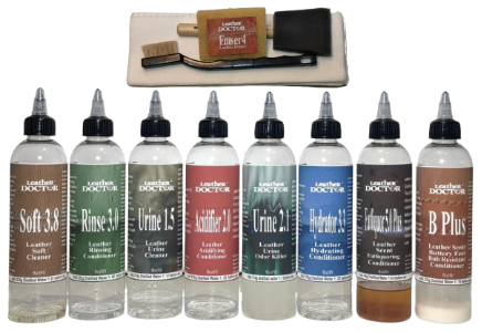 Auto Leather Urine Odor Killer Kit L5.uk by Leather Doctor is a specialty leather-safe system to decontaminate urine odor problems on auto leathers. (Concentrate in the bottles has to be mixed and filled with distilled water before use).