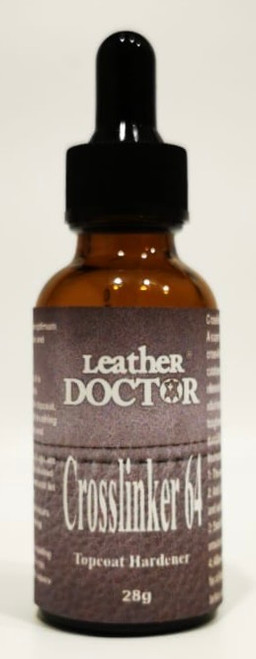 Leather Crosslinker 64 by Leather Doctor is a high-solid hardener designed to strengthen and toughen leather topcoats, particularly those that have become tacky or sticky over time.