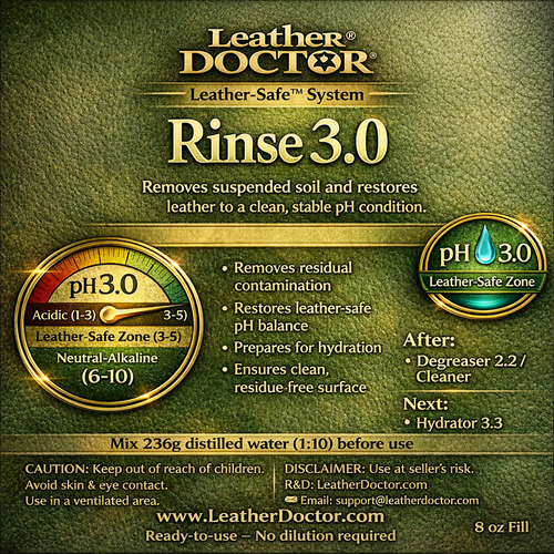 Leather Rinse pH 3.0 (Rinse 3.0) by Leather Doctor® is a pH 3.0 Leather-Safe™ Rinsing Conditioner for Removing Suspended Soil & Restoring Leather’s pH Balance.