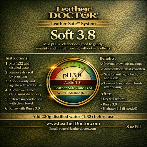 Leather Soft Cleaner pH 3.8 (Soft 3.8) by Leather Doctor® is a Leather-Safe™, pH Balanced 3.8, mild cleaner designed to gently emulsify and lift light soiling without causing side effects such as rings, browning, stiffness, or discoloration.
