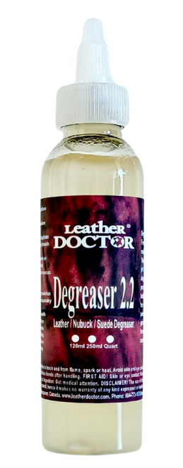 Degreaser 2.2 by Leather Doctor is a degreaser for body oil, grease, and sweat on leather headrests, armrests, collars, cuffs, handles, and steering wheels. 