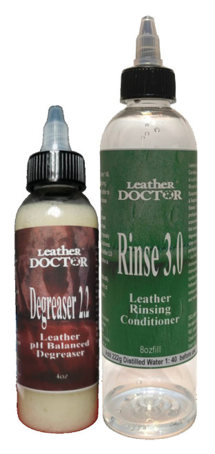 Leather pH Balanced Degreaser 2.2 by Leather Doctor is a degreaser for body oil, grease, and sweat on leather headrests, armrests, collars, cuffs, handles, and steering wheels. (Pair (Degreaser 2.2 - 4oz + Rinse 3.0 - 8oz Fill)