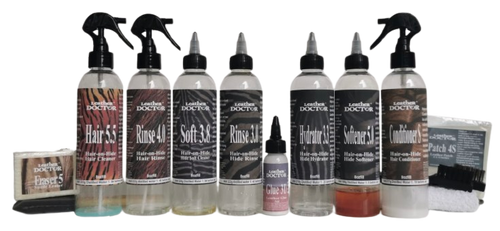 Hair-on-Hide Zebra & Cow Rug Cleaner, Conditioner & Repair Kit H8 by Leather Doctor, cleans and conditions both the hair and hide sides with rips repairs. (Concentrates in the bottles have to be mixed and filled with distilled before use). (H8 with S)