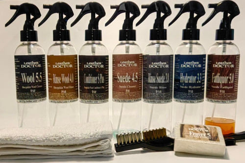 Sheepskin Care Kit SR3 by Leather Doctor cleans, rinses, hydrates, softens, and protects wool and suede, preventing aging, stiffness, curls, rips, and tears. Before use concentrate in the bottle has to be mixed with distilled water accordingly.