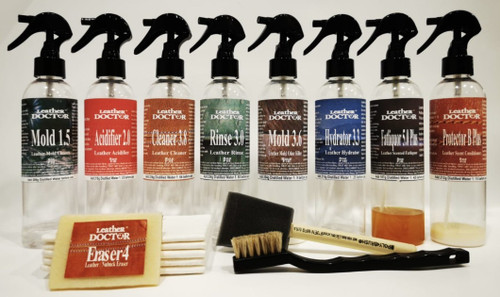 Leather Mold Killer Kit A3.mk by Leather Doctor is a fungicide system that cleans, conditions, kills, disinfects, sanitizes, and deodorizes mold on leather.