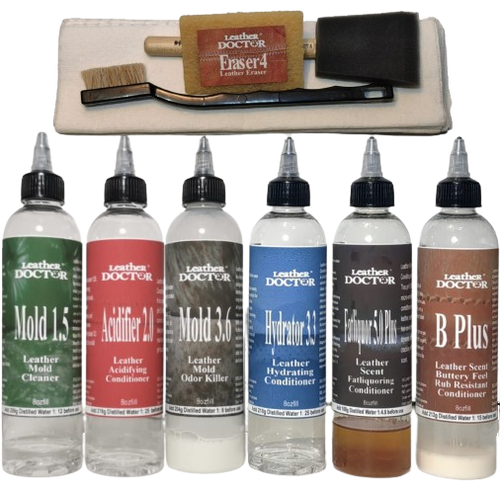 Leather Mold Killer Kit A3.mk by Leather Doctor® is a Leather-Safe™ comprehensive fungicide system scientifically formulated to clean, disinfect, sanitize, deodorize, condition, and eliminate mold on leather and suede surfaces.
