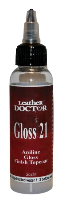 Aniline Finish Topcoat Gloss 21 by Leather Doctor® is a water-based, leather-safe, glossy polyurethane topcoat formulated for sealing, protecting, and enhancing the finish of lambskin garments, handbags, and other fine aniline leathers.  Before use, the concentrate should be mixed with distilled water at a ratio of 1:3.