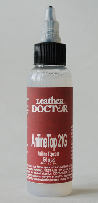 Aniline Top 21G by Leather Doctor is a glossy polyurethane topcoat that has good flow and leveling properties. It is commonly used on lambskin garments and handbags. Before use, the concentrate should be mixed with distilled water at a ratio of 1:3.