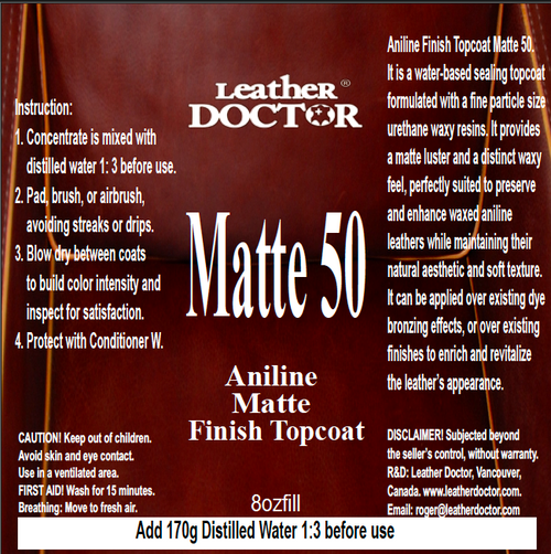 Aniline Finish Topcoat Matte 50 by Leather Doctor® is a water-based sealing topcoat formulated with fine particle-size urethane waxy resins.
