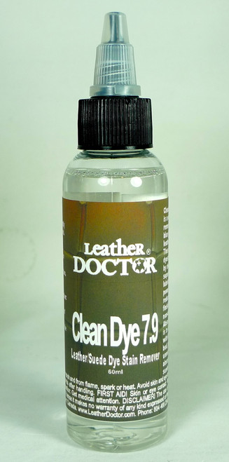 Clean Dye 7.9 by Leather Doctor, is a dye stain remover for blue jeans dye on leather without the need for physical rubbing by the 'Reverse Transfer' Technique.