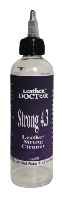 Leather Strong Cleaner 4.3 (Strong 4.3) by Leather Doctor® is a Leather-Safe™ pH 4.3, water-based strong leather cleaner, specially formulated for periodic deep cleaning of heavily soiled leather, especially in high-use areas.