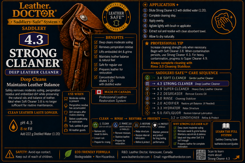 Saddlery Strong Cleaner 4.3 by Leather Doctor® is a Leather-Safe™ pH 4.3 cleaner formulated to remove moderate soiling while maintaining the leather's natural balance.