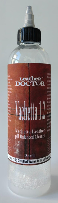 Vachetta Leather pH Balanced Cleaner 1.2 by Leather Doctor is a low-pH balancing cleaner for restoring Veg-Tan and Vachetta's common blotchy browning stains. 8oz Fill (to be mix and fill with distilled water prior to use)
