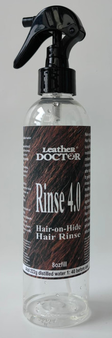 Rinse Hair 4.0 by Leather Doctor is a hair-on-hide pH balance rinse after cleaning with Hair 5.5, to leave the hair a healthy squeaky clean and reduce breakage. 8oz (to be mixed and filled with distilled water before use)