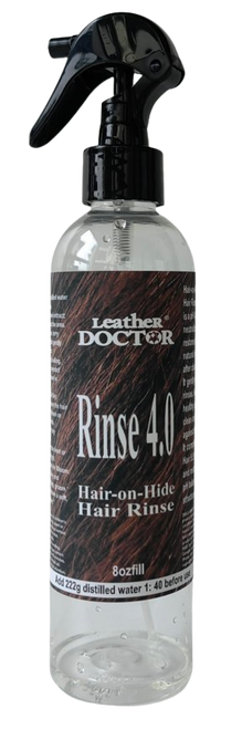 Rinse Hair 4.0 by Leather Doctor is a hair-on-hide pH balance rinse after cleaning with Hair 5.5, to leave the hair a healthy squeaky clean and reduce breakage. 8oz (to be mixed and filled with distilled water before use)