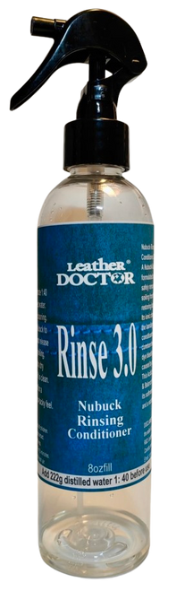 Nubuck Rinsing Conditioner 3.0 by Leather Doctor® is a Nubuck-Safe™ solution formulated at pH 3.0 to safely remove residual soiling from nubuck leather while restoring its pH balance.