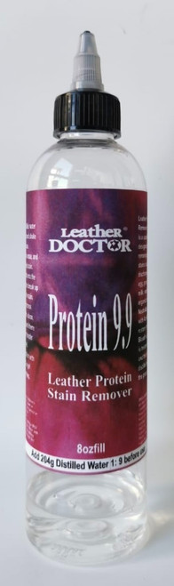 Leather Protein Based Cleaner 9.9 by Leather Doctor is a pH 9.9 stain remover for body fluids, milk, cream, ice cream, egg, vomit, and other protein-based stains.