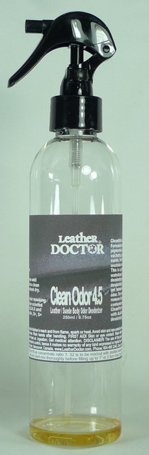 Clean Odor 4.5 by Leather Doctor is a deodorizer formulated for the effective deodorizing of unpleasant human or pet body odor from leather & suede. (Clean Odor 4.5 - Size: 250ml Fill - to be mixed with distilled water before use).