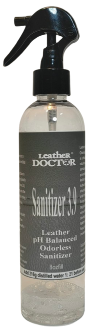 Leather pH Balanced Sanitizer 3.9 by Leather Doctor® is a Leather-Safe™, biodegradable, odorless, and colorless preventive decay odor control sanitizer for all Leather, Nubuck, Suede, and Handbag Linings. 