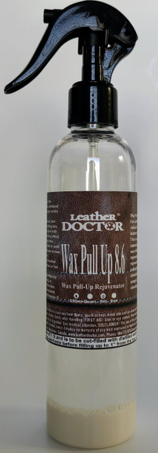 Wax Pull Up 8.6 by Leather Doctor is a secondary fashion wax conditioner for restoring a diminishing wax pull-up effect lost through usage, aging, or cleaning. (Wax Pull Up 8.6 in 8oz Fill to be mixed and filled with distilled water before use).