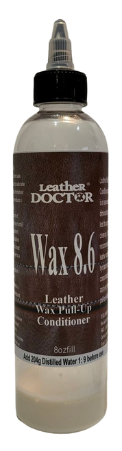 Leather Wax Pull-Up Conditioner 8.6 by Leather Doctor® is a rejuvenating conditioner that restores the diminishing fashion pull-up wax effect lost through usage, aging, or cleaning. (Wax Pull Up 8.6 in 8oz Fill to be mixed and filled with distilled water before use).