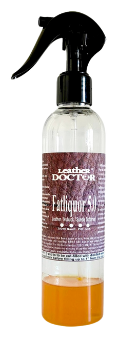 Leather Fatliquor 5.0 by Leather Doctor is a fat and oil conditioner softener for all leather, suede, hide, and skin from dryness, stiffness, and cracking.  8oz Fill, and add 189g Distilled Water before use