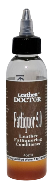 Leather Fatliquoring Conditioner 5.0 by Leather Doctor® is a Leather-Safe™ pH 5.0 anionic emulsion of fat, oil, and water fatliquoring conditioner for replenishing and softening dry leather, in line with its tannery science-based function.  4oz fill