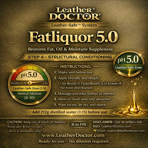 Leather Fatliquoring Conditioner  5.0 (Fatliquor 5.0) by Leather Doctor® is a Leather-Safe™ pH 5.0 anionic emulsion of fat, oil, and water fatliquoring conditioner for replenishing and softening dry leather, in line with its tannery science-based function. 