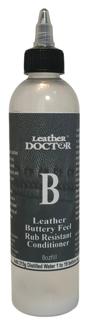 Leather Buttery Feel Conditioner B by Leather Doctor® is a Leather-Safe™ pH 3.2 buttery feel, non-yellowing, non-stick, rub-resistant protector conditioner scientifically formulated to enhance durability, prevent friction wear, and protect all smooth leather surfaces. 8ozfill