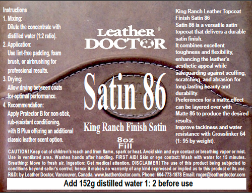 King Ranch Leather Topcoat Finish Satin 86 by Leather Doctor is a satin topcoat that delivers a durable satin finish with excellent toughness and flexibility. (8oz Fill)