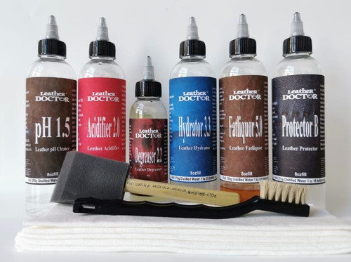 Leather Hydrating and Softening Kit HS3 by Leather Doctor degreases, cleans, rinses, pH balances, hydrates, softens, and protects old and stiff leather safely. With scentless Protector B