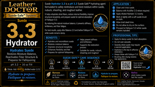 Suede Hydrator 3.3 (Hydrator 3.3) by Leather Doctor® is a pH 3.3 Suede-Safe™ structural relaxing treatment formulated to hydrate suede fibers, reduce inter-fiber adhesion, and prepare the suede structure for effective fatliquor restoration.