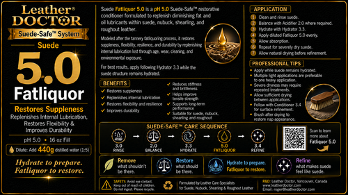 Suede Fatliquor 5.0 (Fatliquor 5.0) by Leather Doctor® is a pH 5.0 Suede-Safe™ restorative conditioner formulated to replenish diminishing fat and oil lubricants within suede, nubuck, shearling, and roughout leather.