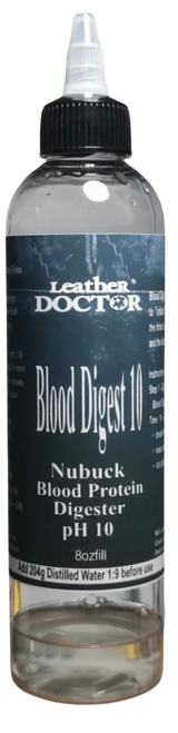 Nubuck Blood Protein Digester 10 (Blood Digest 10) by Leather Doctor® is a Nubuck-Safe™ professional alkaline solution designed to chemically "unlock" the bond between the dried or aged blood and the Nubuck fibers. 