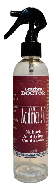 Nubuck Acidifier 2.0 by Leather Doctor is a pH 2.0 acidifier that restores tackiness, bleeding, and stiffness from adverse denaturing by alkaline toxicity.
It strengthens the ionic bonds between the negative (-ve) tanning agent, dyestuff, and fat liquor with the positive (+ve) Nubuck protein fiber.  
It rectifies, neutralizes, and pH balances alkaline toxicity damages, household products, and harmful cleaners from tackiness to a healthy squeaky feel.