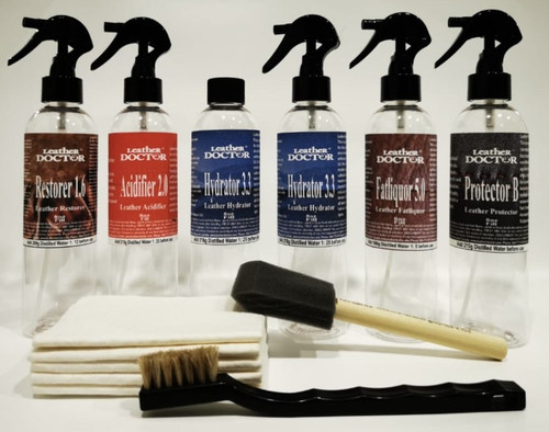 Antique Leather Dry Rot Treatment Kit AR3, by Leather Doctor, removes alkaline toxicity and hydrates to relax before conditioning fat and oil-suppling treatment against dry rot.