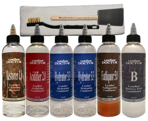 Antique Leather Dry Rot Treatment Kit AR3, by Leather Doctor, removes alkaline toxicity and hydrates to relax before conditioning fat and oil-suppling treatment against dry rot.