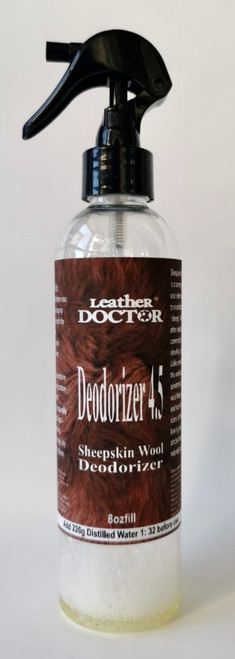 Sheepskin Wool Deodorizer 4.5 by Leather Doctor is a pH 4.5 odor eliminator that quickly and thoroughly neutralizes sheepy smells of shearling, sheepskin, and woolskin. 8ozfill bottle.