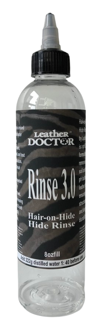 Hair-on-Hide Hide Rinse 3.0 by Leather Doctor® is a pH 3.0 leather-safe rinse formulated to remove suspended soil and restore the pH balance of leather hide, ensuring its structural integrity and long-term durability.