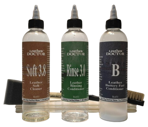 Leather Soft Cleaner, Rinse & Protector Kit T2 by Leather Doctor® is a leather-safe, pH-balanced care system designed for gentle yet effective cleaning, rinsing, and protection of delicate leathers, nubuck, and suede.