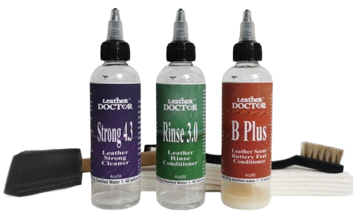 Leather Strong Cleaner, Rinse & Conditioner Kit G2 by Leather Doctor® is a professional-grade system designed for routine deep cleaning of heavily used or moderately soiled leather surfaces.