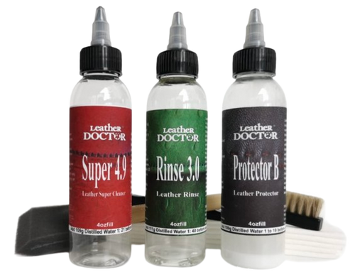 Leather Super Cleaner, Rinse & Conditioner Kit R2 by Leather Doctor® delivers tannery-grade deep cleaning power for restoring heavily soiled body-contact areas on leather, nubuck, and suede.