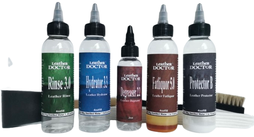 Leather Degreaser, Rinse, Hydrator, Softener & Protector Kit D3 by Leather Doctor® is a complete professional leather-safe degreasing and conditioning system designed to remove body oils, sweat, and grease while restoring softness and natural strength. 4oz kit Leather Degreaser, Rinse, Hydrator, Softener & Protector Kit D3 by Leather Doctor® is a complete professional leather-safe degreasing and conditioning system designed to remove body oils, sweat, and grease while restoring softness and natural strength. 4oz kit