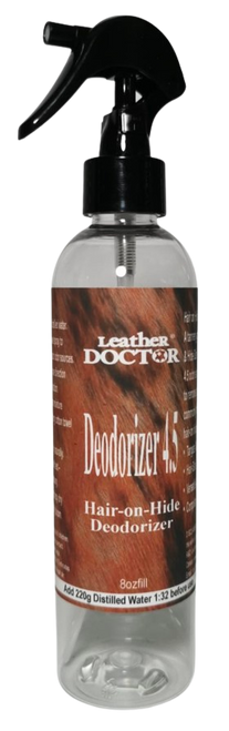 Hair on Hide Deodorizer 4.5 by Leather Doctor® is a tannery-grade Hair-Safe™ & Hide-Safe™ pH-balanced 4.5 odor eliminator designed to remove undesirable smells commonly found in tanned hair-on hide.