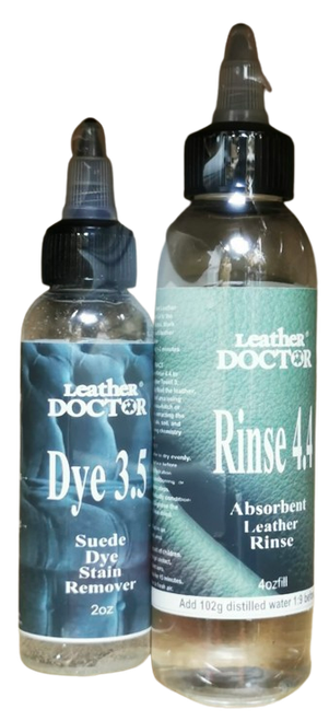Leather Doctor® Suede Dye Stain Remover 3.5 is a professionally formulated, low-surfactant gel designed specifically for suede, nubuck, and roughout leather. (pair (suede dye stain remover 3.5 - 2oz + rinse 4.4 - 4oz fill bottle))