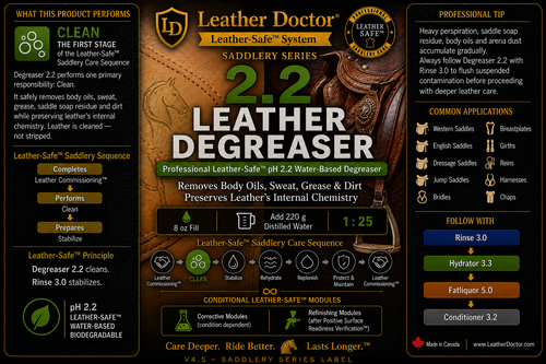 Saddlery Degreaser 2.2 is the specialized Leather-Safe™ Clean Module formulated to remove embedded oil contamination while preserving leather integrity, preparing the leather to return to its optimum commissioned condition.