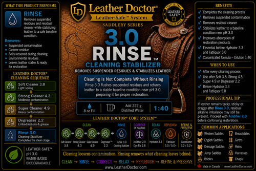 Saddlery Rinse 3.0 by Leather Doctor® is a Leather-Safe™, pH 3.0 Cleaning Stabilizer formulated to remove suspended contamination and residual cleaner after cleaning while returning leather to a stable baseline condition.