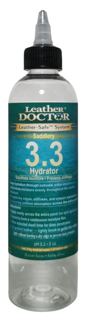 Saddlery Hydrator pH 3.3 (Hydrator 3.3). Hydrator 3.3 works through the movement of colloidal water, allowing moisture to migrate and equalize within the leather fiber network after proper cleaning and rinsing. It restores internal moisture balance, reduces uneven absorption, improves visual uniformity, and prepares leather for Fatliquor 5.0. This is the essential step after Degreaser 2.2 and Rinse 3.0