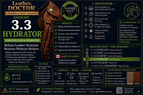 Saddlery Hydrator 3.3 by Leather Doctor® is a Leather-Safe™ pH 3.3 formulation that relaxes dehydrated leather fibers and restores internal moisture balance.